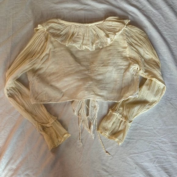 Sold! - Lace-Up Ruffle Trim Long Sleeve Cropped Blouse - Picture 2 of 3